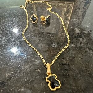 Gold and Black Bear Pendant Necklace and Earrings